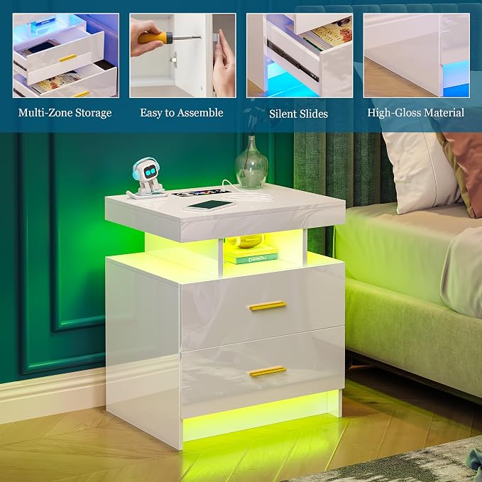 WOOVIVS Night Stand with Light, High Gloss Nightstand with USB/Wireless Charging Station, LED White Nightstands with Storage Drawers, RGB Side End Table for Bedroom Furniture（White - Image 4
