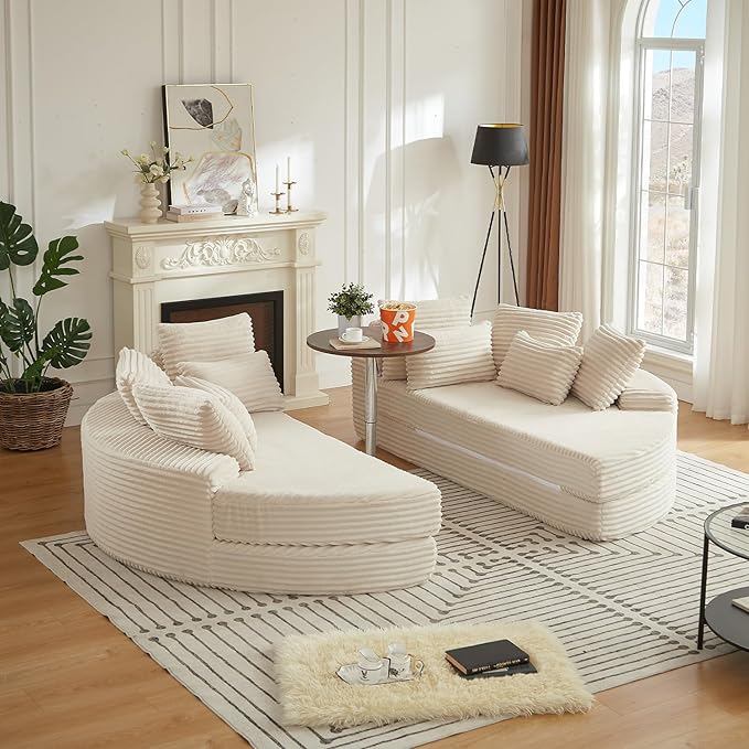 ERYE Oversized Round Sofa Chaise Daybed Comfy Corduroy Couch Boneless Sleeper Recliner Sofabed with 10 Pillows and Headrests