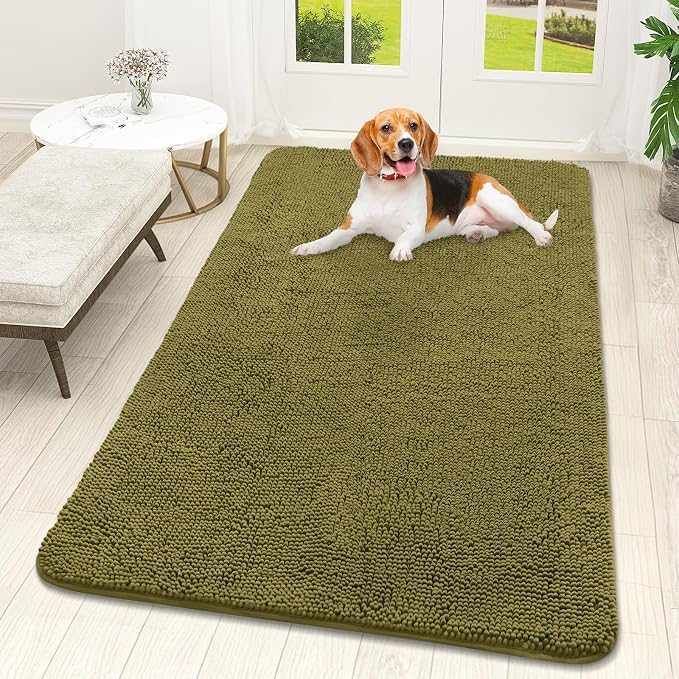 OLANLY Dog Door Mat for Muddy Paws 59x32, Absorbs Moisture and Dirt, Absorbent Non-Slip Washable Doormat, Quick Dry Chenille Mud Mat, Entry Indoor Entryway Carpet for Inside Floor, Willow Green by OLANLY