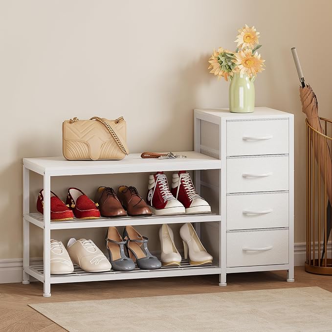 EXOTICA 3-Tier Shoe Storage Bench White Entryway Shoe Rack with 4 Drawers and Seating Shoe Shelf Storage Cabinet for Hallway Front Door Doorway Living Room Mudroom Steel Frame by EXOTICA