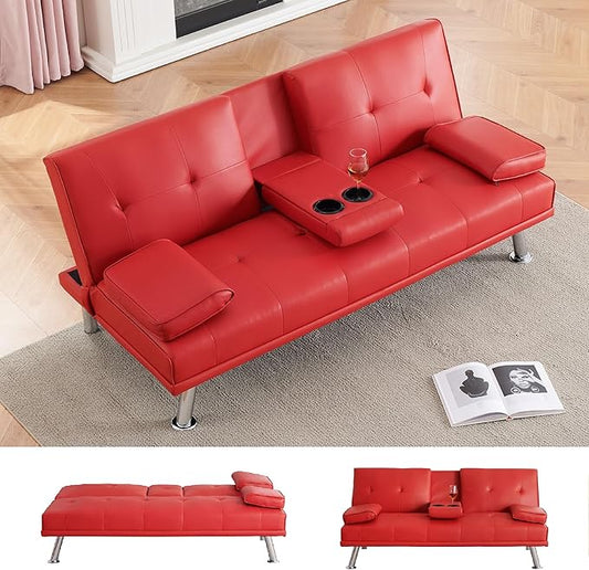 KEIKI 67" Leather Folding Futon Sofa w/Cup Holder & Adjustable Backrest, Mid Century Modern Couch Loveseat Convertible to Sleeper Bed, Comfy Cloud Couch SofaBed for Living Room & Bedroom, Red