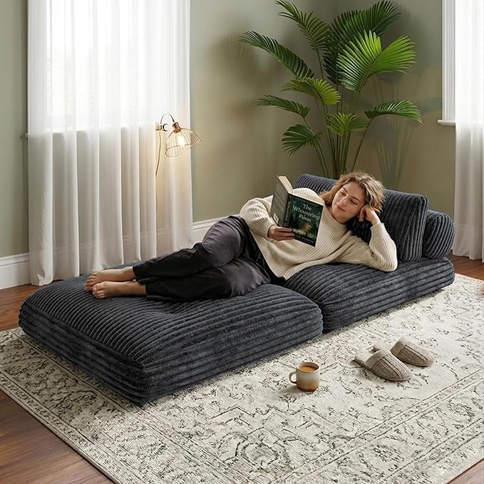 Plush Corduroy Folding Sofa Bed, Free Setup Floor Beds, 34" Boneless Couch for Small Spaces, Corner Chair, Convertible Sleeper Chair, Corner Couch, Foldable Sleeper Sofa Beds, Cloud Grey