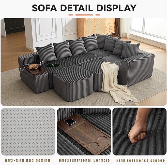 Oversized Cloud Modular Sectional Sofa Boneless Couch with Movable Ottomans,Free Combination Memory Foam Floor Couch with Charging Port & Cup Holders for Living Room | Coffee Table Board, Wireless Charge, No Assembly