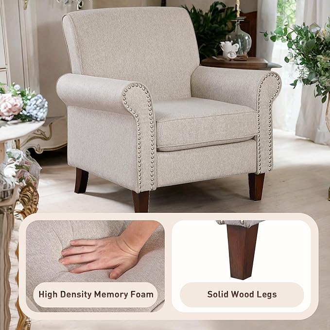 Prilinex Upholstered Living Room Chair Set of 3 - Large Comfy Fabric Accent Chair Single Sofa with Cushion, Rolled Armrest & Nailhead Trim, Mid Century Farmhouse Armchair for Bedroom, Office, Beige