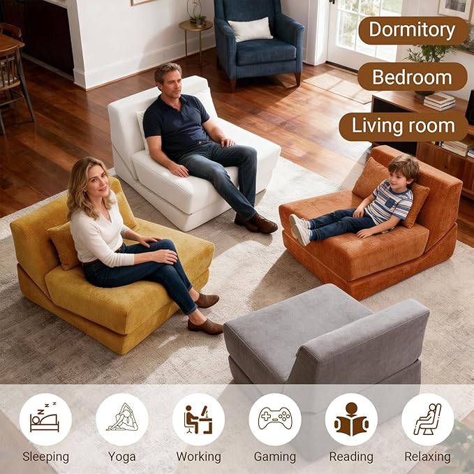 Folding Sofa Bed Chair, 3 in 1 Convertible Sleeper Chair Bed w/Pillow Handle, Floor Sofa Lounge w/Back Support & Removable Washable Cover for Living Room, Bedroom, Apartment (White) | Washable Cover, Sleeper Chair, Folding Sofa Bed