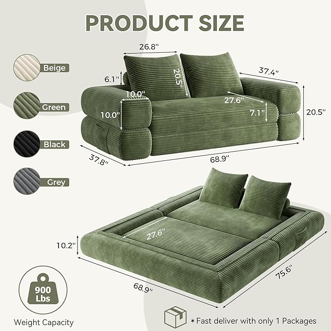 4-in-1 Convertible Folding Sofa Bed, 76 Inch Queen Size Foldable Sleeper Sofa Bed, Wide Corduroy Upholstery, Boneless Mattress Couch with Armrests & Neck Pillow for Living/Bedroom - Green