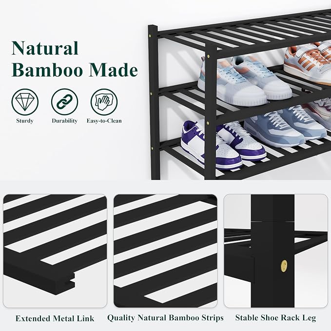Smiry Shoe Rack, 4 Tier Thick Bamboo Shoe Organizer, Stackable Free Standing Wooden Shoe Storage Shelf for Closet, Entryway, Front Door Entrance, Black - Image 3