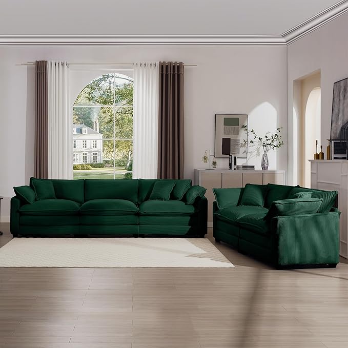 KEIKI 2-Piece Sofa Set with 1 Oversized Corduroy 3-Seater Sofa & 1 Loveseat Sofa, Upholstered 5-Seater Couch Set with 9 Pillow, High-Density Foam Cushions, Removable Armrests, for Living Room, Green