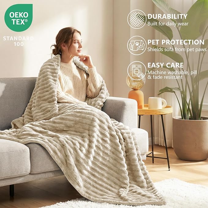 IMEET Linen Ribbed Twin Blanket for Bed - 300GSM Lightweight Soft Fleece Blanket for Men Women, Cozy Blankets Graduation Birthday Gifts, Striped Spring Home School Dorm Decor, Linen, 60x80 Inches