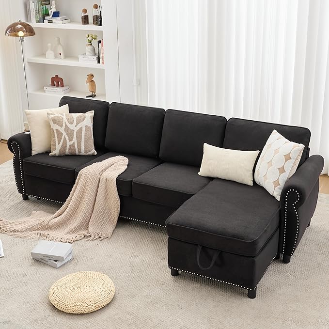 ERYE L-Shaped Reversible Sectional Sofa with Pull Out Queen Memory Mattress Sleeper Bed, 2-in-1 L-Shaped Corner Sectional Couches W/Wireless Charging, Storage Chaise Lounge