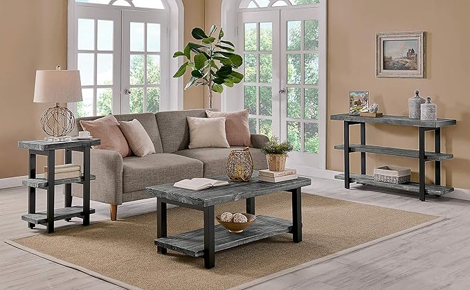 Alaterre Furniture Pomona Living Room Tables – 3-Tier Solid Wood End Table with Metal Legs & Storage Shelves – Modern Rustic Industrial Space-Saving Accent Table or Nightstand (Slate Grey)