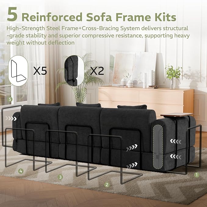 100" Convertible Sleeper Sofa Bed, Oversized Modular Sectional Cloud Sofa with Fixed-Shape Frame & Tabletop, Boneless Couch with Storage Pocket for Living Room, No Assembly Required, Black