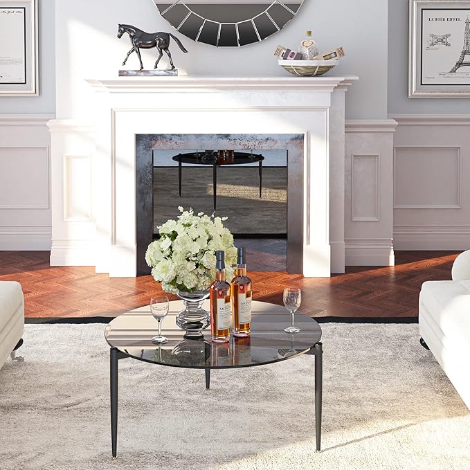 Round Tempered Glass Table 31.5 inch Large Circle Top Metal Frame Grey