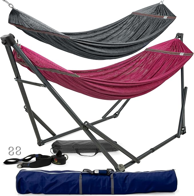 Tranquillo Combo x2 Hammocks with Stand for Outside & Tree Straps, Heavy Duty Hammock with Stand 600lbs for Indoor Outdoor Patio Backyard, x2 Hammocks for 2 Person (Combo - Red, Medium) by Tranquillo