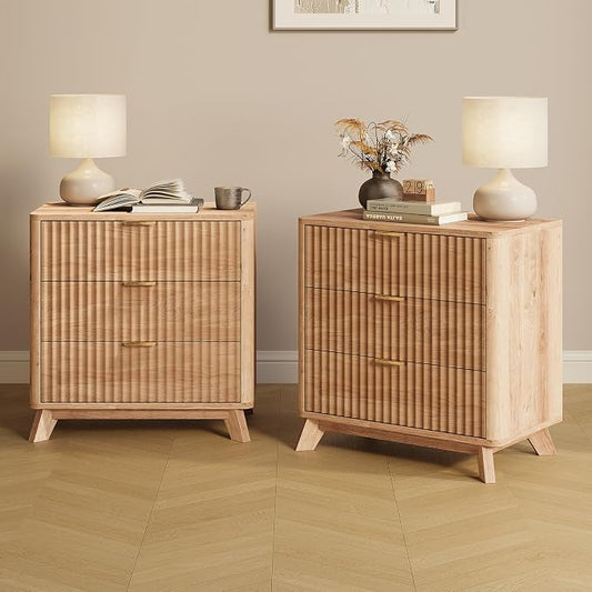 24" Tall Fluted Nightstand Set of 2,3 Drawers End Table with Metal Handle,Modern Side Table with Storage,Night Stand Wood Bedside Tables for Bedroom,Curved Profile Design,Natural Oak by TROJMHome