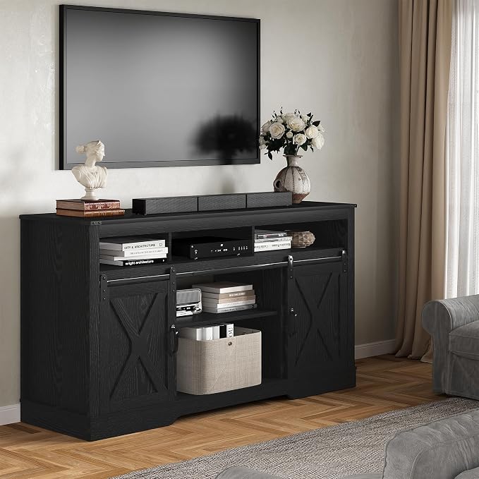 RoyalCraft Farmhouse TV Stand for 65+ Inch TV, Tall Entertainment Center with Storage Cabinets and Sliding Barn Doors, Mid Century Modern Media TV Console Table for Living Room (Black) - Image 4