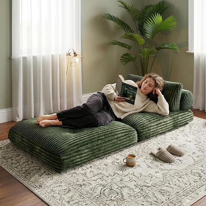 Plush Corduroy Folding Sofa Bed, Free Setup Floor Beds, 34" Boneless Couch for Small Spaces, Corner Chair, Convertible Sleeper Chair, Corner Couch, Foldable Sleeper Sofa Beds, Green