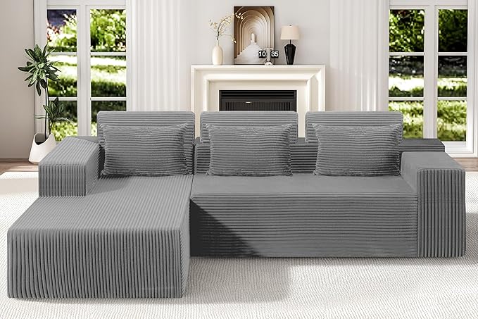 Homguava Modular Sectional Couches for Living Room,105" Cloud Couch with L-Shape Chaise,Comfy Sofa Living Room Sofas with Deep Seat,No Assembly L Couch,Corduroy Fabric(Light Grey,L)