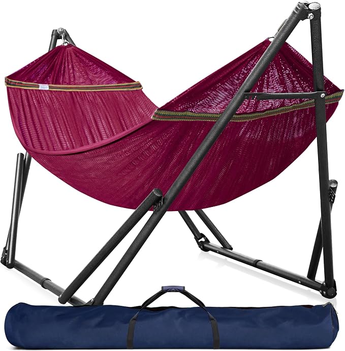 Tranquillo Universal Double Hammock with Stand Included for 2 Persons/Foldable Hammock Stand 600 lbs Capacity Portable Case - Inhouse, Outdoor, Camping, Red by Tranquillo