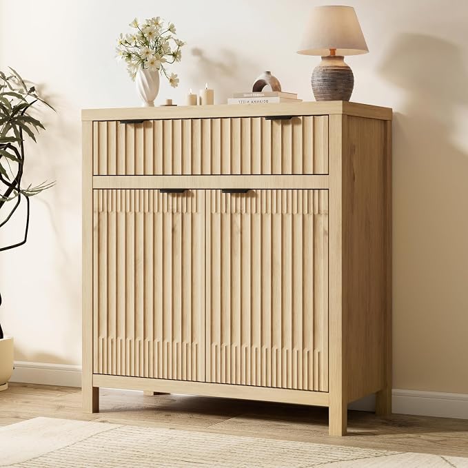 Fatmok Fluted Buffet Cabinet with Storage, 34" Tall Modern Arched Sideboard Cabinet w/AdjustableShelves,Wooden Modular Coffee Bar for Dining Room, Kitchen, Living Room, Entryway, Natural by Fatmok