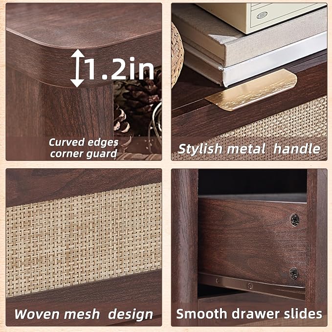 LEYAOYAO Rattan Nightstands Set of 2 with Charger Station, 23" Wide Boho Night Stand with 2 Drawers, Bedside Table Open Shlef, Bed Side End Table Dresser for Bedroom, Living Room Hallway, Walnut - Image 6