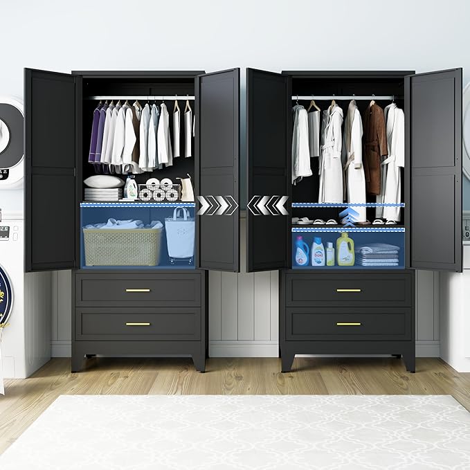Steel Armoire Wardrobe Closet with 2 Drawers, 71" Metal Wardrobe Cabinet with Adjustable Shelves and Hanging Rod for Bedroom, Black Metal Clothing Storage Cabinets with 2 Doors
