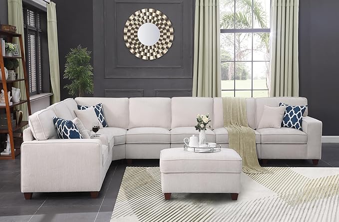 ERYE 151-Inch U-Shaped Sectional Sofa Chenille Upholstered Corner Convertible Sectional,9 PCS Modular Couch with Ottoman,Storage Console, Cupholders and Charging Station