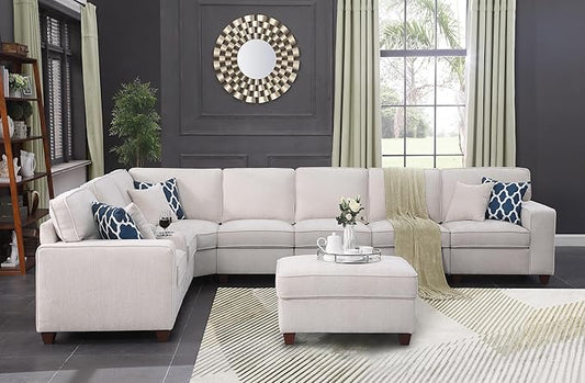 ERYE 151-Inch U-Shaped Sectional Sofa Chenille Upholstered Corner Convertible Sectional,9 PCS Modular Couch with Ottoman,Storage Console, Cupholders and Charging Station