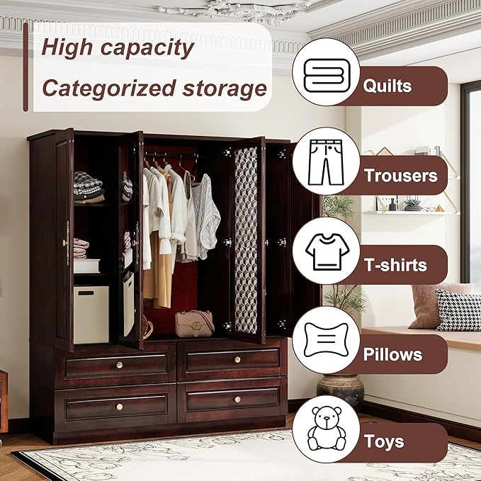Solid Wood Armoire Wardrobe Closet, 4 Door Solid Wood Wardrobe Cabinet with 4 Drawers, Armoire Closet with Hanging Rods Storing Clothes for Bedroom (Dark Brown-7)