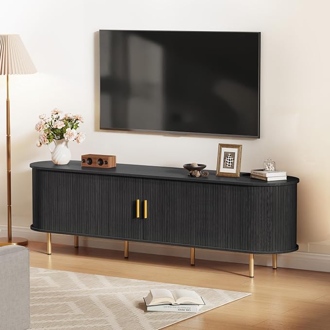 DHH 70.8 Inch Mid Century Modern TV Stand with Power Outlet for TVs up to 80 Inch, Entertainment Center with Storage and Adjustable Shelves, Media Console with Sliding Doors for Living Room, Black - Image 6
