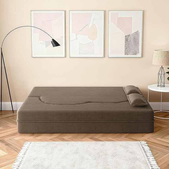 78" Convertible Sofa Bed, 2-in-1 Folding Floor Couch with 2 Pillows, Sleeper Sofa for Living Room and Bedroom, No Assembly Required (Coffee Brown, Corduroy Fabric)