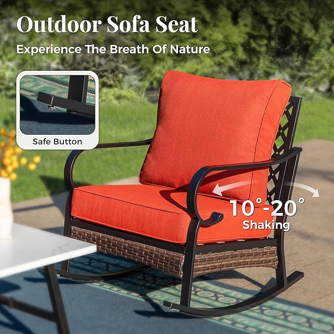 Patio Furniture Set with Coffee Table, Outdoor Conversation Set with 2 x Rocking Chairs, 1 x 3-Seat Sofa for Lawn Garden Backyard, Red