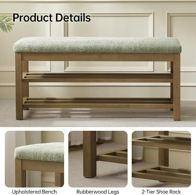 VKNOW 44.3” Wooden Entryway Bench, 2-Tier Upholstered Shoe Bench for Bedroom, Storage End of Bed Bench with Rubberwood Legs for Living Room, Hallway, Green - Image 4