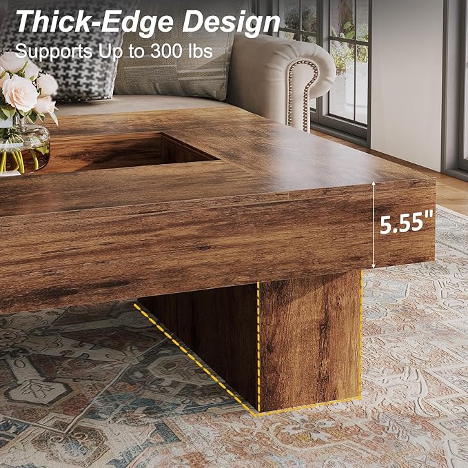 LVB Rustic Coffee Table, Large Wood Living Room Table with Storage, Modern Long Rectangle Led Center Table, Farmhouse Unique Low Wide Tea Table with LED Light for Home Office, 47.24 in, Rustic Brown