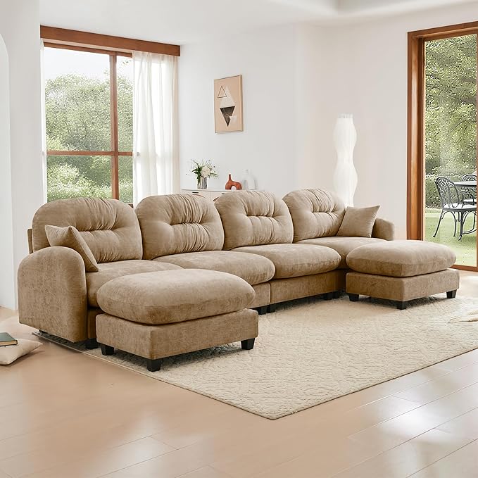 KEIKI 140" U-Shaped Oversized Chenille Modular Sectional Sofa with 2 Ottoman, High-Density Foam Cushions, Tufted Pleated Cushion Backrest, Modern 4-Seater Couch with 2 Pillow, for Living Room, Camel