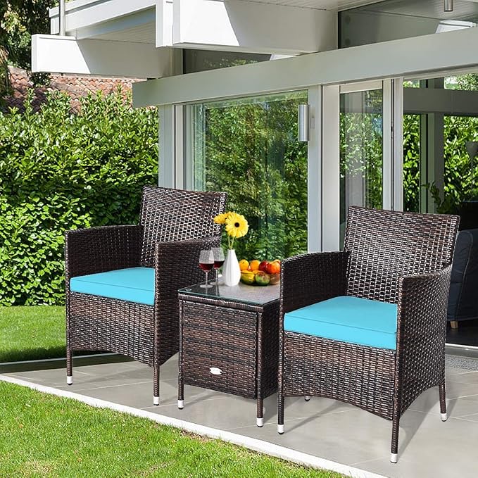 HAPPYGRILL 3-Pieces Patio Furniture Set Outdoor Rattan Wicker Conversation Set with Coffee Table Chairs & Cushions for Patio Garden Lawn Backyard Poolside
