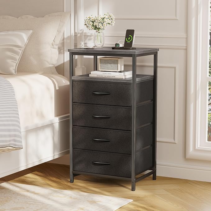 Huuger Night Stand with Charging Station, 4 Drawer Dresser for Bedroom, Bedside Table, 33.9 Inch Tall Nightstand with Open Shelf, End Table, for Closet, Entryway, Bedroooom, Gray - Image 7