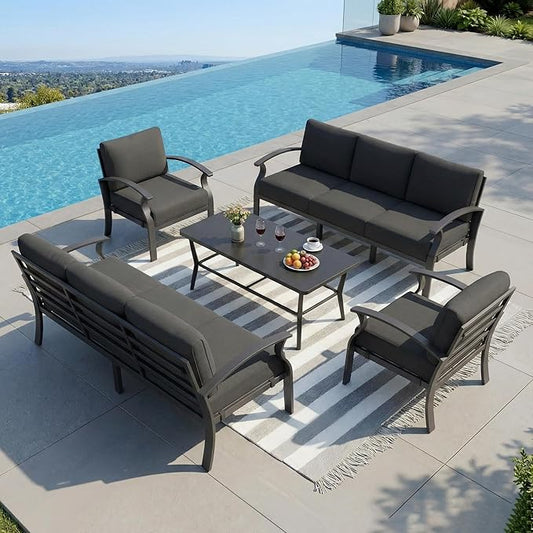 Aluminum Outdoor Patio Furniture Set,8 Seats Patio Conversation Sets with Rectangular Coffee Table,Metal Patio Sectional Furniture Set with 5.1" Thickened Cushions,Black