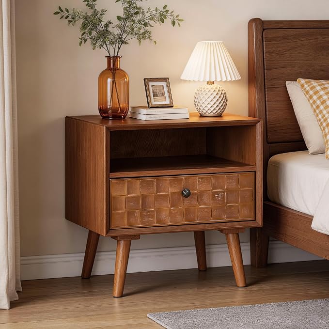 22" Mid-Century Modern Wood Nightstand with Carved Geometric Drawer Front, 1 Drawer and Open Shelf, Solid Wood Legs, Bedside Table for Bedroom (1, 1 Pc Warm Walnut) by Unknown