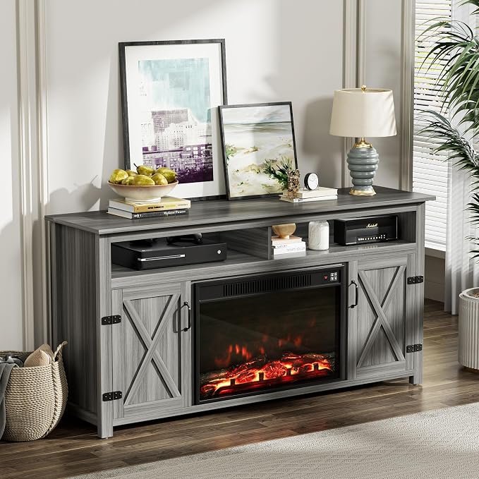 YESHOMY Fireplace TV Stand for Television up to 65+ Inch with Storage and Farmhouse Barn Doors, Entertainment Center with Cabinet and Shelves, Media Console for Living Room, Gray Wash - Image 2