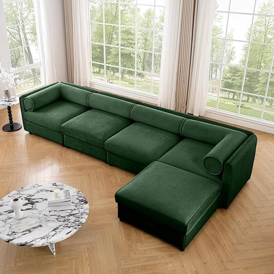 KEIKI 143" L-Shaped Modular Chenille Sectional Sofa with Storage Seat, 1 Ottoman, 4-Seater Couch with Cylindrical Backrest and Armrests, Easy Assembly, for Apartment, Living Room, Green
