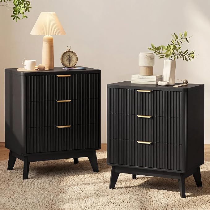 LYNCOHOME Fluted Nightstand Set of 2, Wood Bedside Table with 3 Drawers, Modern Farmhouse Storage End Table for Bedroom, Black by LYNCOHOME
