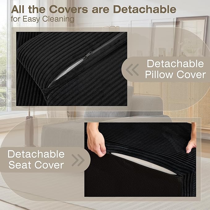Modular Sectional Sofa, Boneless Couches for Living Room, Corduroy Couch, Big Comfy Couch, Modular Cloud Sofa with Deep Seat (Black, 1 Piece-Right Armchair)