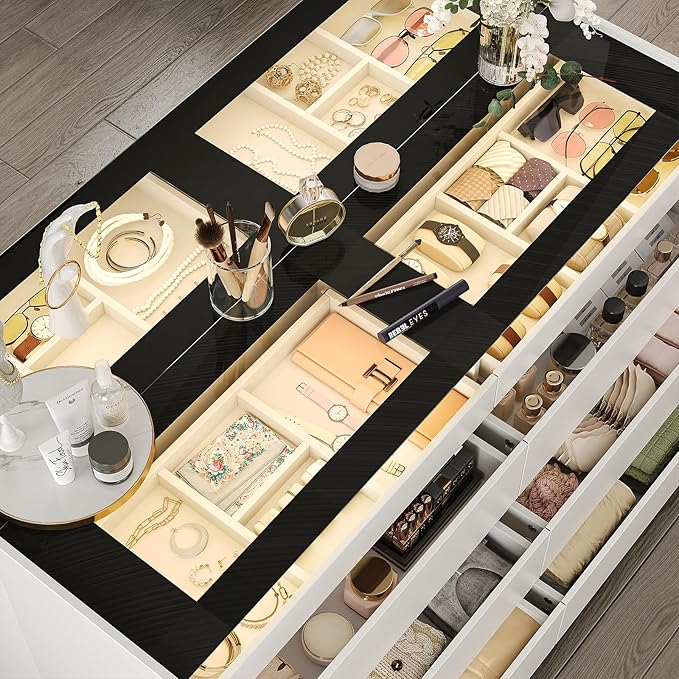 LIVAUVEAD Closet Island with Drawers, 16 Drawers Wardrobe Closet with Glass Top and LED Light，White Island Dresser with Jewelry Organizer for Bedroom & Cloakroom