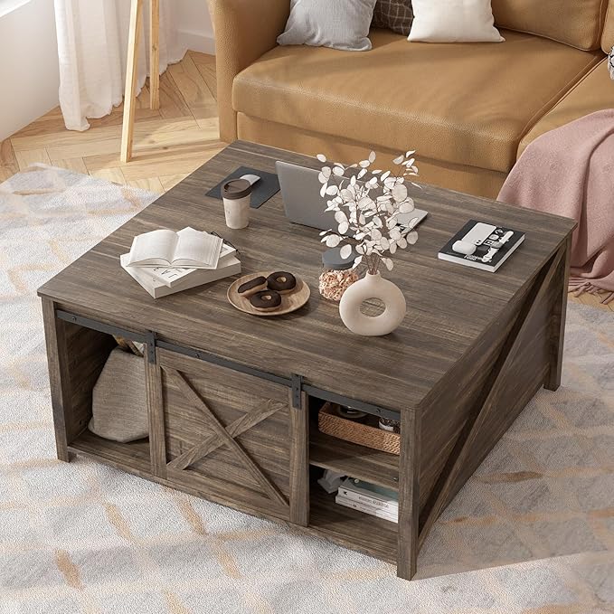 PUKAMI Lift Top Coffee Table with Storage, 31.5" Farmhouse Coffee Table for Living Room, Square Coffee Tables with Large Hidden Storage and Sliding Barn Doors, Brown