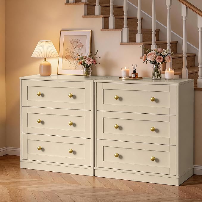 RoyalCraft Small 3 Drawer Dresser Set of 2, Beige Dresser for Bedroom, Wood Nightstand with Drawers, Modern Chest of Drawers for Closet, Living Room, Entryway - Image 8
