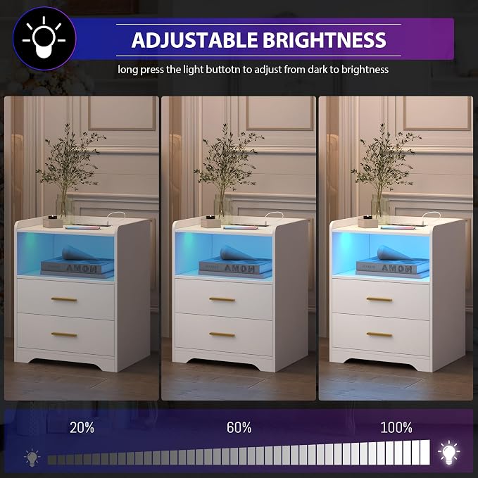 dnbss White LED Nightstand with Charging Station and 24-Color RGB Lights, Smart Night Stand with Human Sensor Lighting, Modern Bedside Table for Bedroom - Image 4