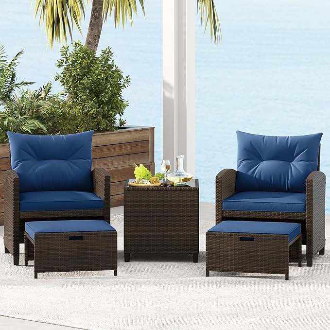 Tangkula 5 Pieces Patio Conversation Set, PE Wicker Rattan Outdoor Furniture Set with 2 Chairs, 2 Ottomans & Tempered Glass Coffee Table, Ideal for Poolside, Backyard, Lawn, Deck, Mix Brown & Navy