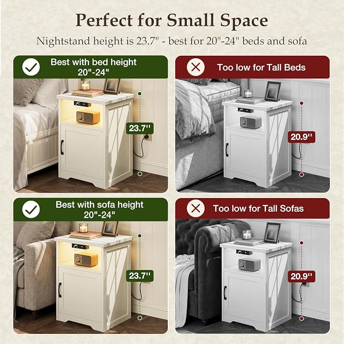 AODK Farmhouse Nightstand Set of 2, Side Table with Charging Station & LED Lights, End Tables with Storage and Open Shelf, Rustic Beside Tables for Bedroom, Rustic White - Image 6