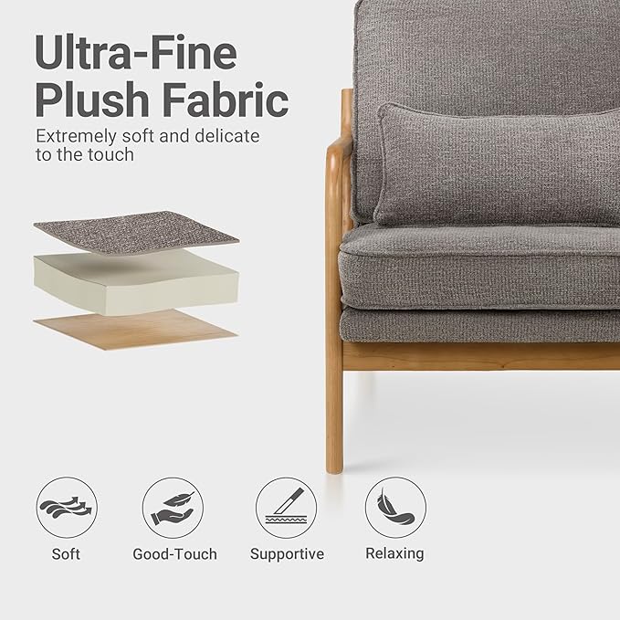 COLAMY Mid Century Modern Accent Chair with Lumbar Pillow, Relaxing Armchair with Solid Wood Frame & Soft Cushion, Reading Leisure Chair for Living Room,Bedroom,Waiting Room（Grey）